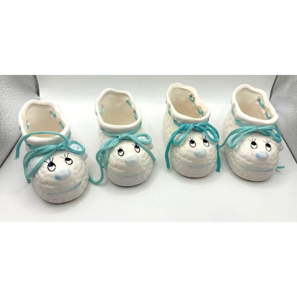 Vintage Ceramic Baby Shoe Planter Blue Laces Adorable Face Shower Gift - Picture 8 of 9